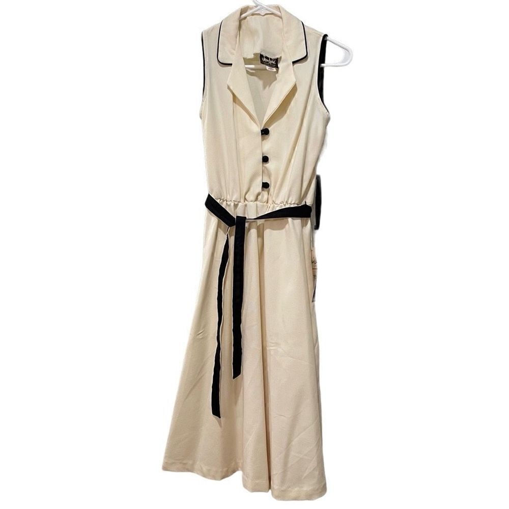 Vtg Jean Leslie Dress Juniors 3 Ivory Black Secretary Fit Flair Union Made 1970s